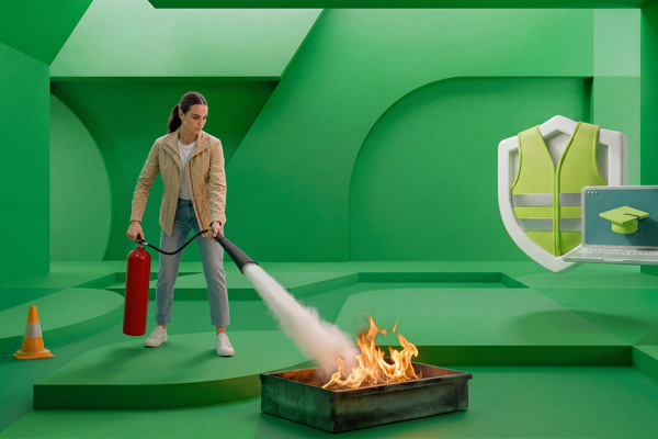 Cursist blust een beginnende brand met een blusser tijdens de BHV cursus