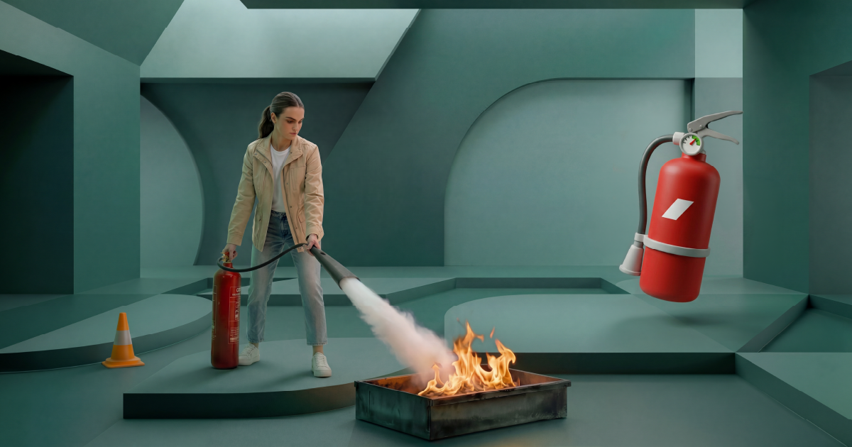 Cursist blust een vuurbak tijdens de cursus brandbestrijding en kleine blusmiddelen