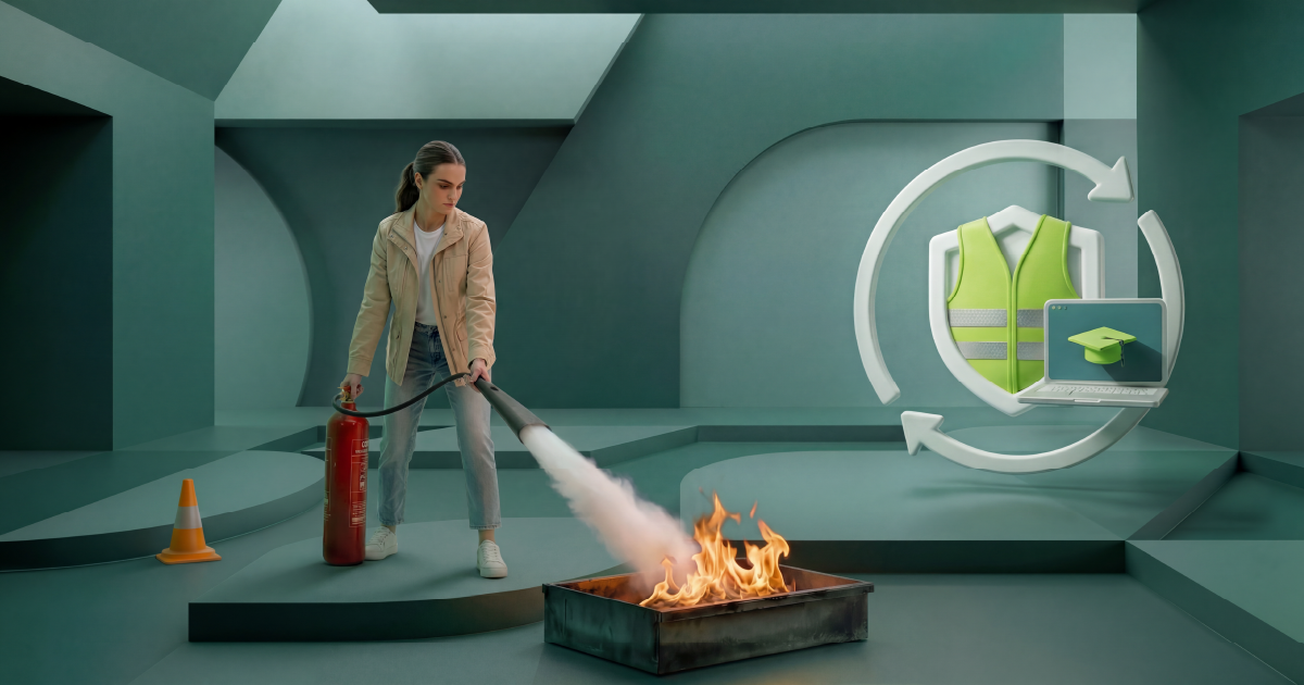 Cursist blust een brand met een poederblusser tijdens de hybride BHV cursus