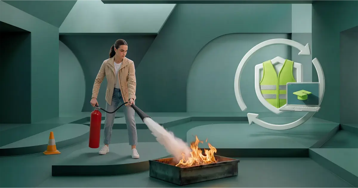 Cursist blust een brand met een poederblusser tijdens de hybride BHV cursus
