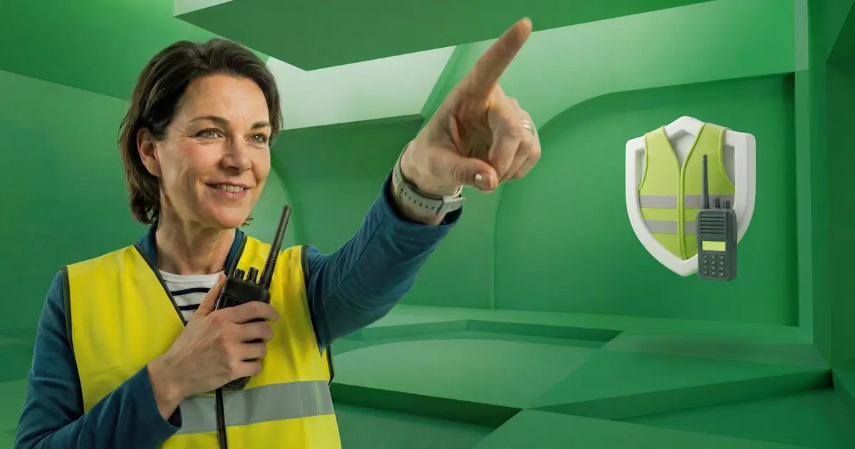 Ploegleider BHV geeft met een portofoon aanwijzingen aan een groep BHV'ers tijdens een ontruiming